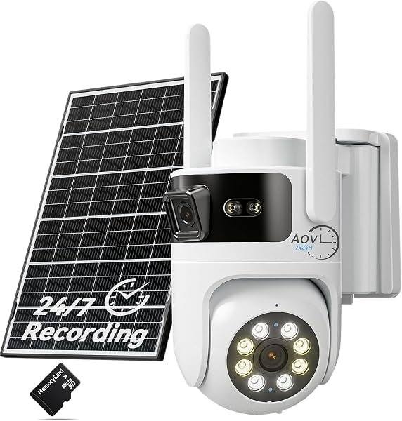 LongPlus Dual Lens Solar Security Cameras Wireless Outdoor: AOV 24/7 Continuous Recording Solar Powered Security Camera — product view