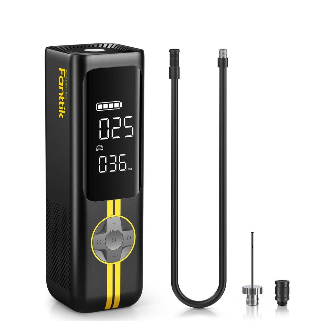 Black and yellow Fanttik X8 APEX inflator beside its hose and valve adapters