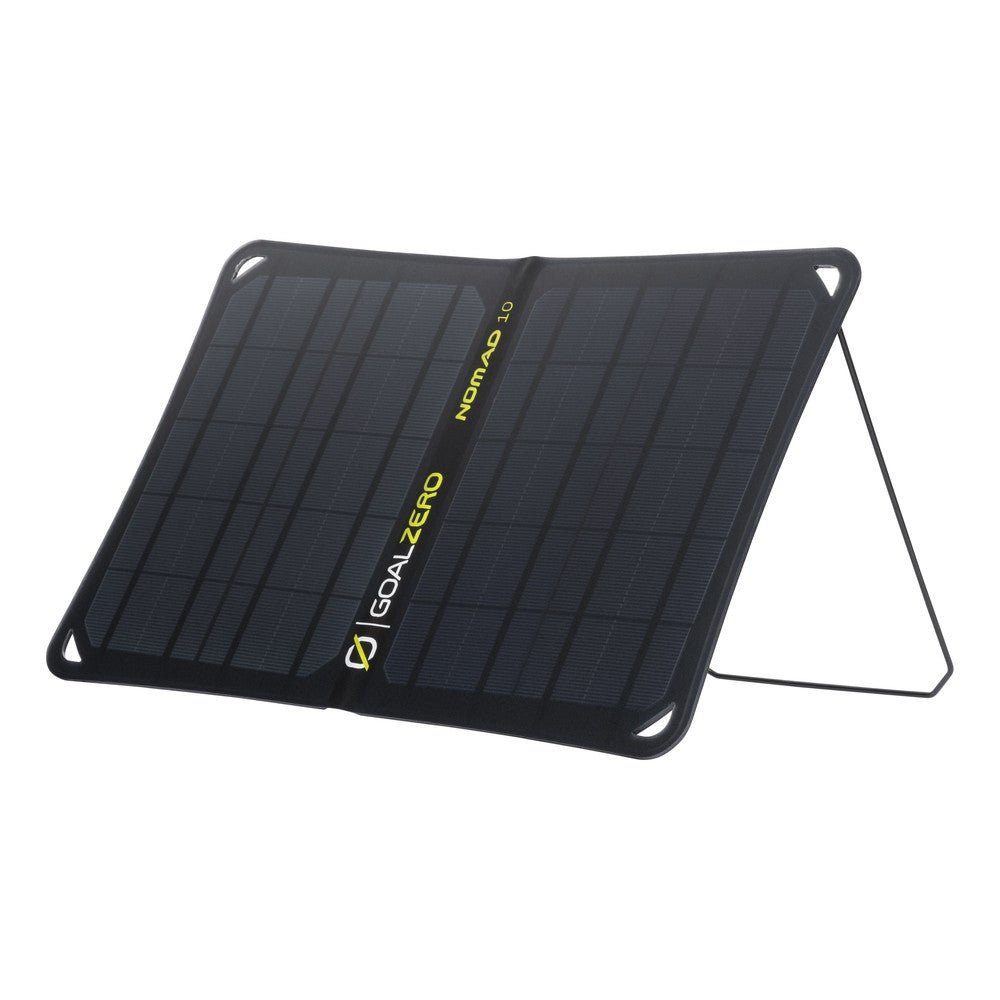 Goal Zero Nomad 10 folding solar panel supported by its rear kickstand
