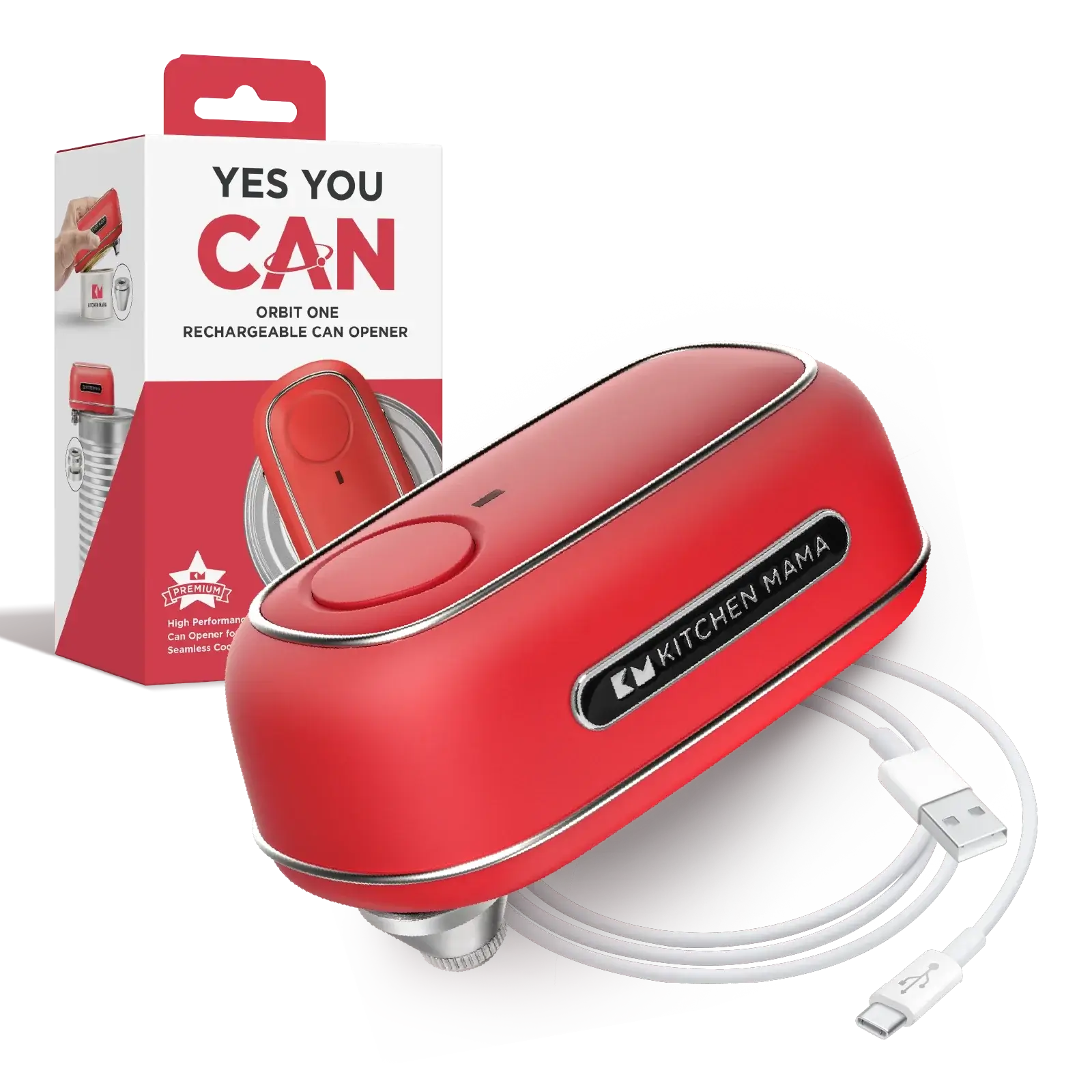 Kitchen Mama Orbit One rechargeable can opener with cable and packaging