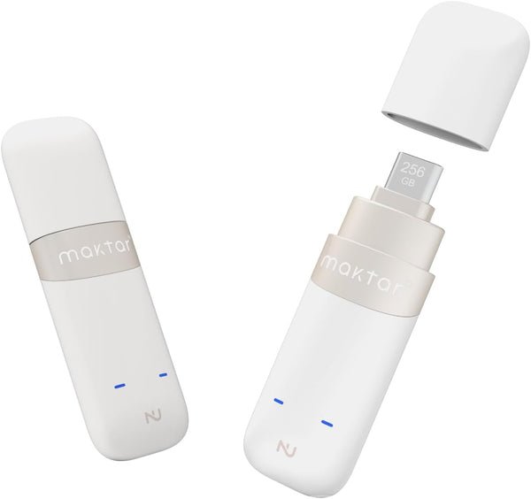 Maktar Nukii flash drive shown in white with a 256GB marking; other variants differ
