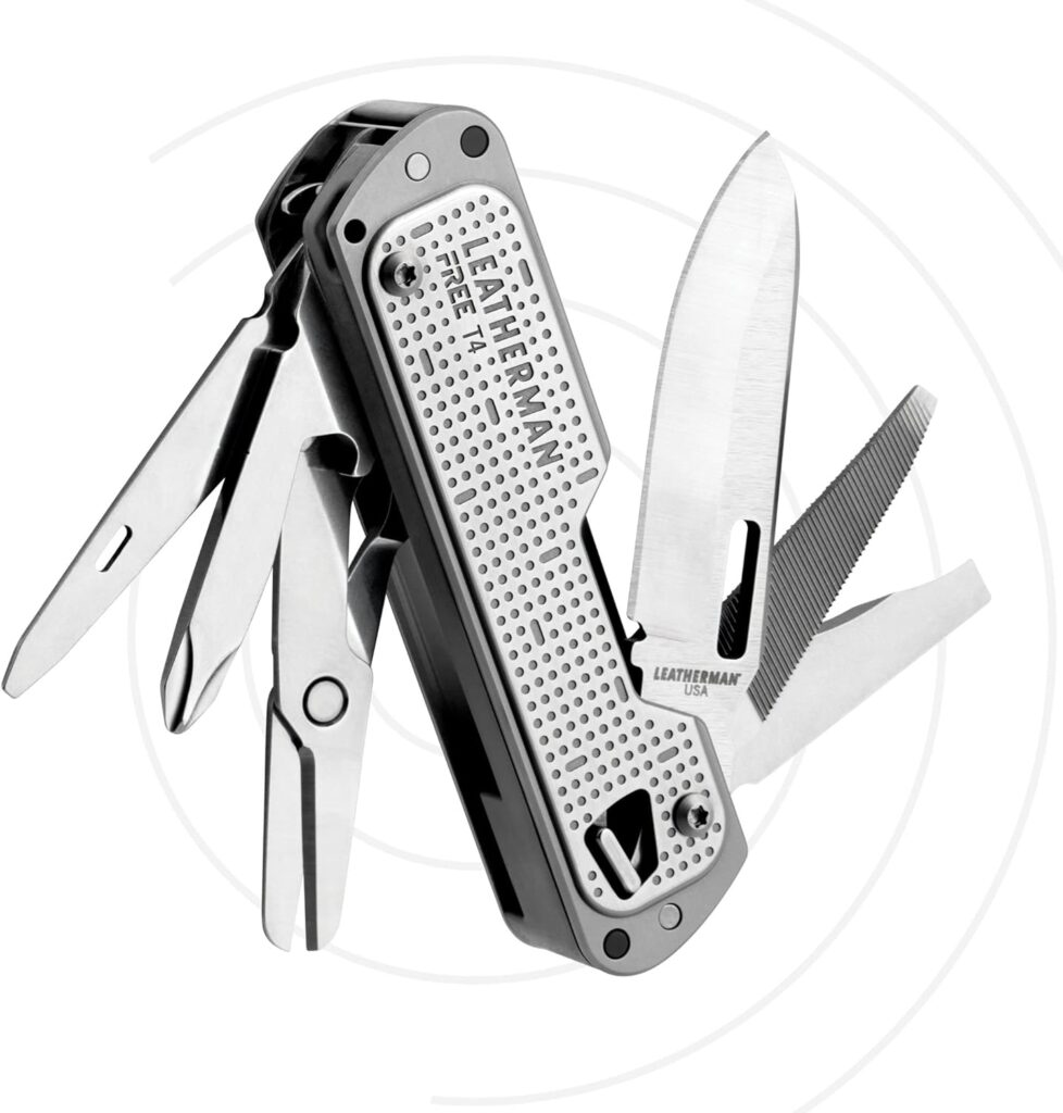 LEATHERMAN, FREE T4 Multitool and EDC Knife with Magnetic Locking and One Hand Accessible, Made in the USA, Stainless