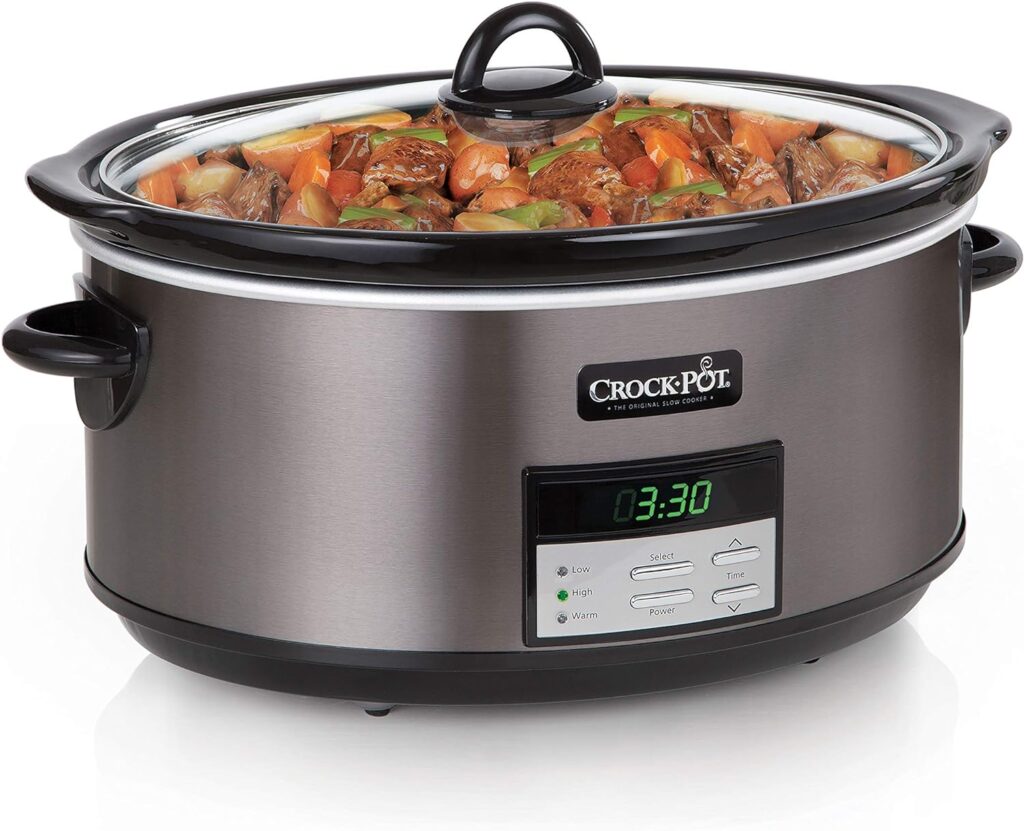 Crock-Pot Large 8 Quart Programmable Slow Cooker with Auto Warm Setting and Cookbook, Black Stainless Steel