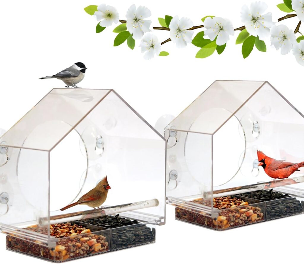 Nature Anywhere Premium Clear Plastic Window Bird Feeder for Outside - Window Bird Feeders with Strong Suction Cups - Transparent Bird Feeder Window Mount Acrylic Bird House for Cat Window Perch