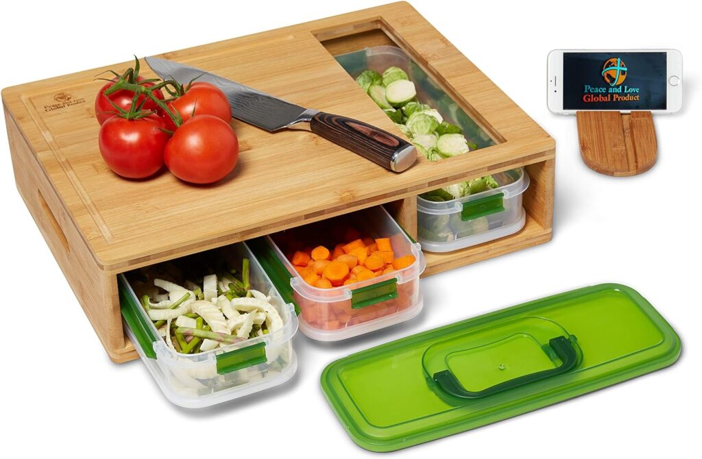 Bamboo Cutting Board with Drawers, 3 Food Storage with Air-Tight Lid Fully Stackable, Large Chopping Board with Juice Grooves,  Food Sliding Opening for Easy meal prep, and Kitchen Space Saver