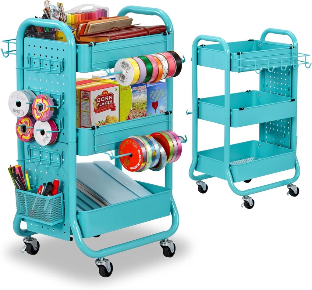 DESIGNA 3-Tier Utility Storage Rolling Cart with Removable Pegboard  Extra Storage Baskets Hooks, Metal Craft Art Carts for Gift Home Office, Teal
