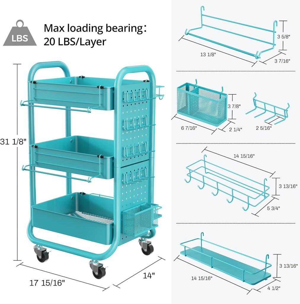 DESIGNA 3-Tier Utility Storage Rolling Cart with Removable Pegboard  Extra Storage Baskets Hooks, Metal Craft Art Carts for Gift Home Office, Teal