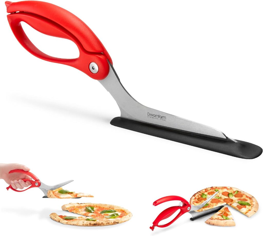 Dreamfarm Scizza | Non-Stick Pizza Scissors with Protective Server | Stainless Steel | All-In-One Pizza Slicer | Easy-To-Use  Easy-To-Clean Pizza Cutters | Red