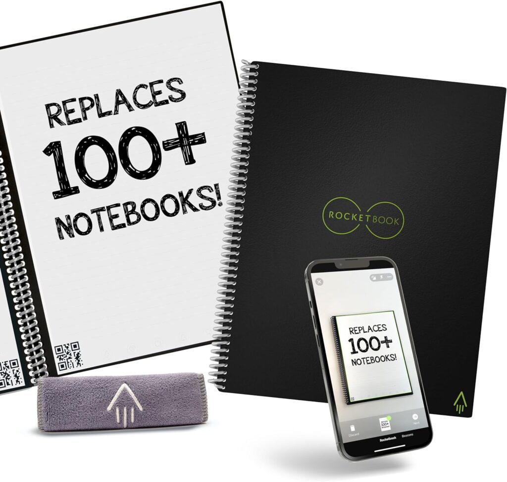 Rocketbook Core Reusable Smart Notebook | Innovative, Eco-Friendly, Digitally Connected Notebook with Cloud Sharing Capabilities | Dotted, 8.5 x 11, 32 Pg, Infinity Black, with Pen, Cloth, and App Included