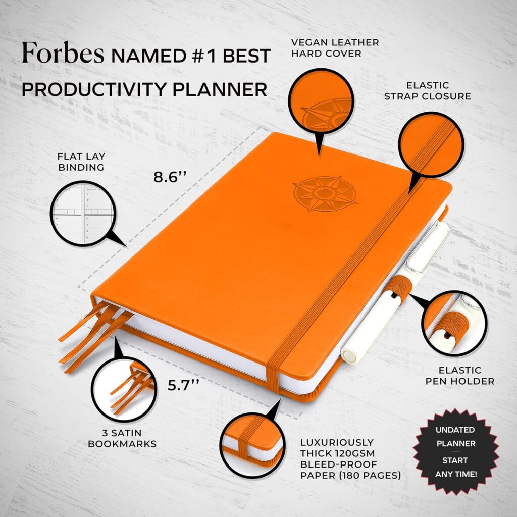 Smart Planner Pro – Small 8.6 x 5.7 inches (A5) – Undated Agenda Daily Planner – Tested  Proven to Achieve Goals  Increase Productivity, Time Management  Happiness with Weekly, Monthly, Gratitude Sections, Back Pocket (Amber Yellow)