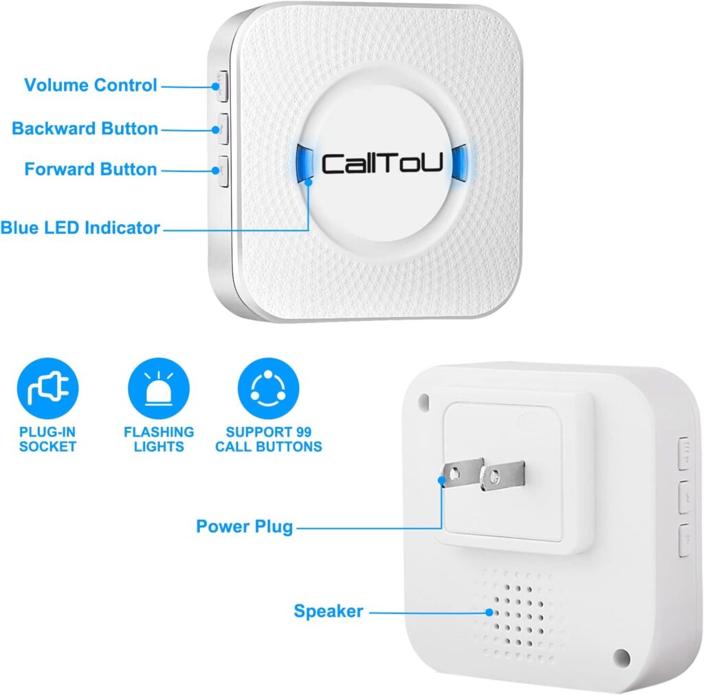 CallToU Wireless Caregiver Pager Smart Call System 2 SOS Call Buttons/Transmitters 2 Receivers Nurse Calling Alert Patient Help System for Home/Personal Attention Pager 500+Feet Plugin Receiver