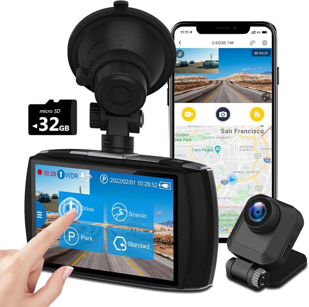 Dash Cam, Z-Edge Dual Dash Cam Front and Rear, 4K Built-in WiFi, Touch Screen Car Camera, FHD 1080P with Night Mode, 32GB Card Included, WDR, G-Sensor, Loop Recording, Support 256GB Max