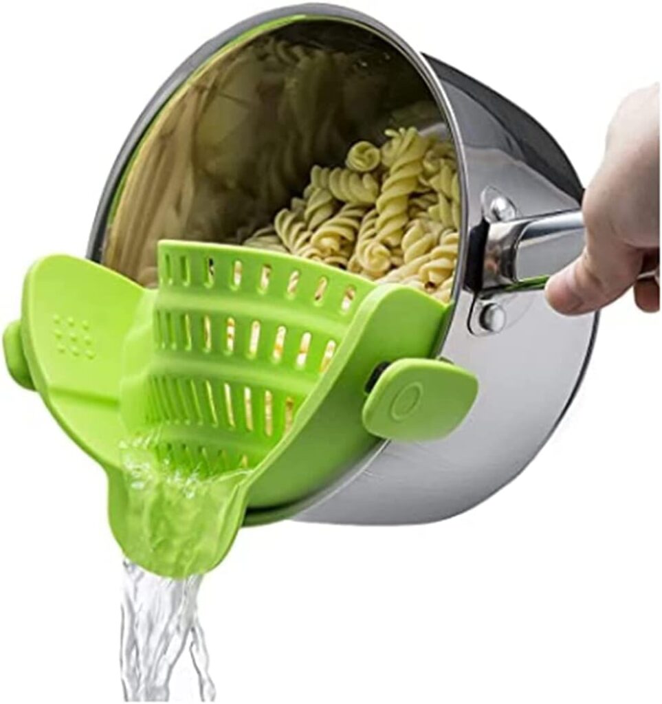 Kitchen Gizmo Snap N Strain Pot Strainer and Pasta Strainer Cooking Gadgets - Adjustable Silicone Clip On Strainer for Pots, Pans,  Bowls - Perfect Cooking Gifts for Women, Kitchen Gifts - Lime Green