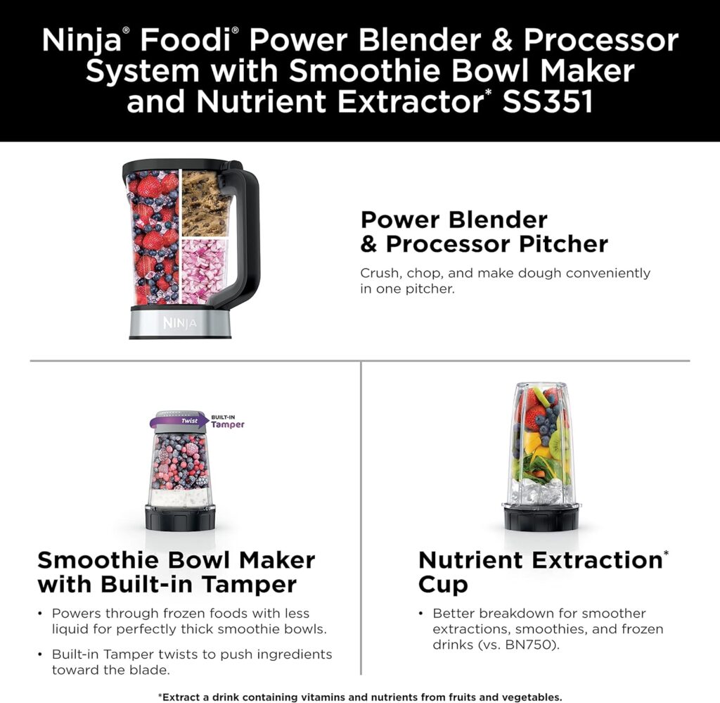 Ninja SS101 Foodi Smoothie Maker  Nutrient Extractor* 1200 WP, 6 Functions Smoothies, Extractions*, Spreads, smartTORQUE, 14-oz. Smoothie Maker, (2) To-Go Cups  Lids, Silver