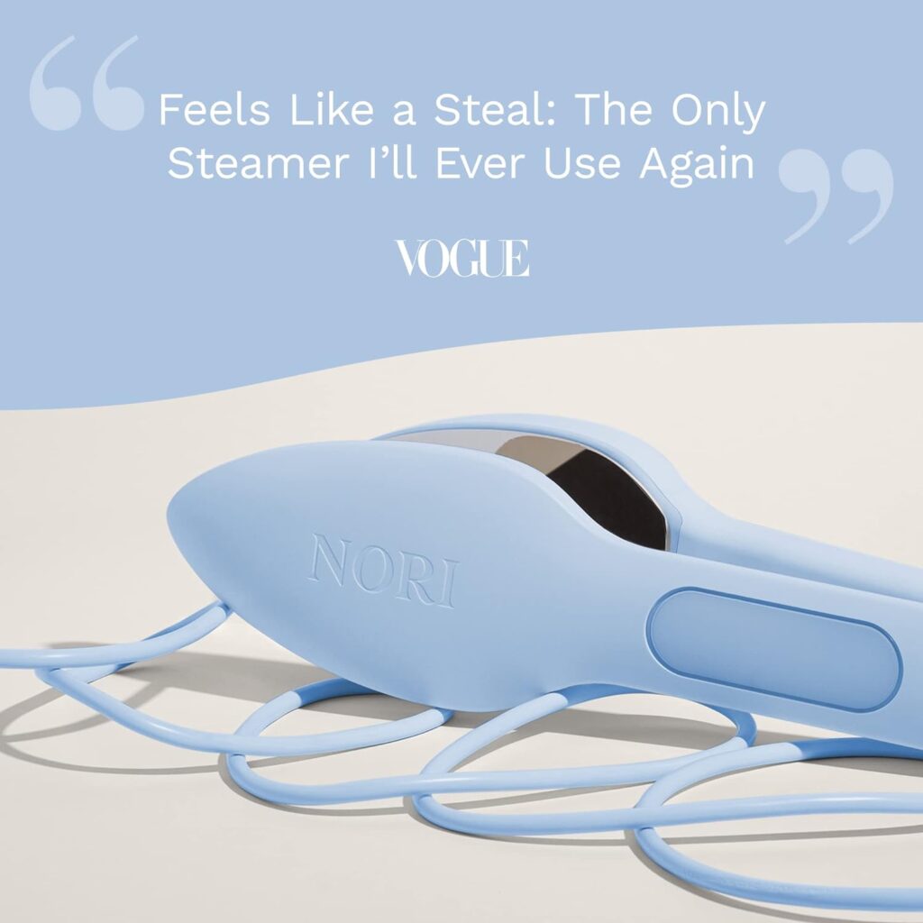 Nori Press, Iron  Steamer, Compact Dual Voltage Device, Removes Wrinkles, Portable and Hand-Held for Travel, Easy to Use with 6 Fabric Settings (White)