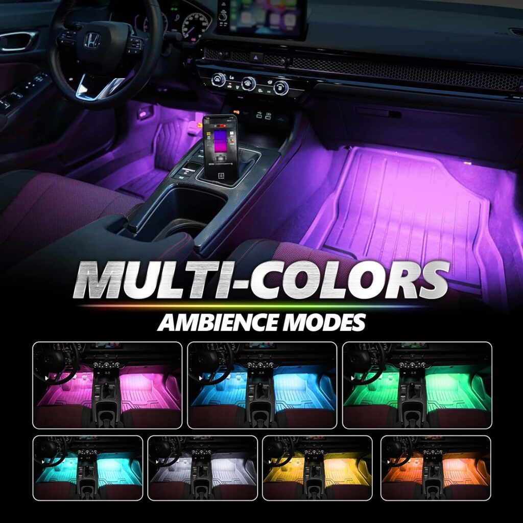 OPT7 Aura Pro Interior Car Lights with Smart App Control, Color Change, Music Sync Inside Ambient Lighting Kit, Car LED Lights Under Dash Accessories, Charger Adapter 12V, 4pc Single Row LED Strip