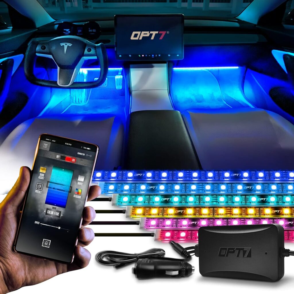 OPT7 Aura Pro Interior Car Lights with Smart App Control, Color Change, Music Sync Inside Ambient Lighting Kit, Car LED Lights Under Dash Accessories, Charger Adapter 12V, 4pc Single Row LED Strip