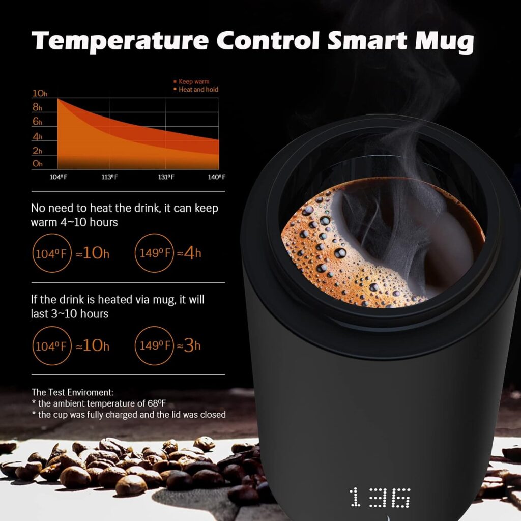 OTKAX Temperature Control Heated Coffee Mug Smart Self Heating Travel Coffee Mug 12 Oz App Controlled Warmer Mug 5 Hour LED Display Keep Coffee Hot All Day up to 149℉ Fast Wireless Charger Base