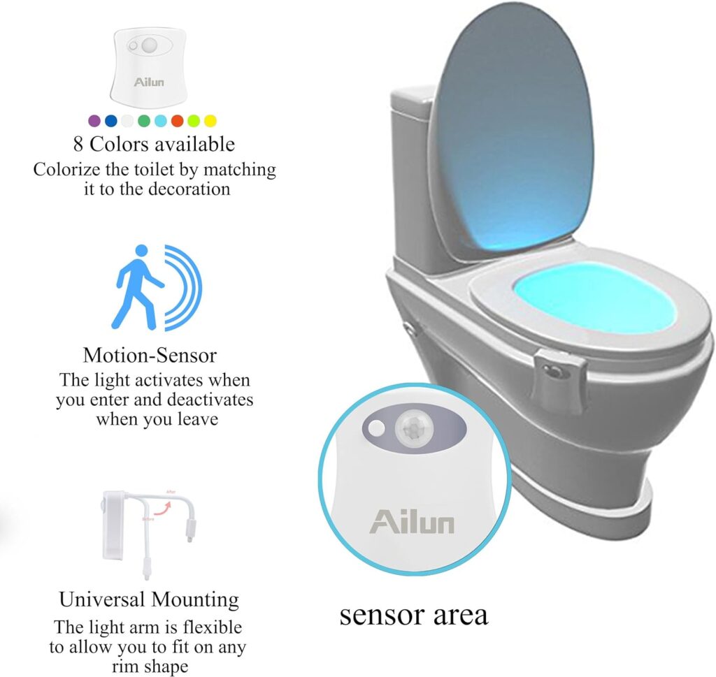 Toilet Night Light 2Pack by Ailun Motion Sensor Activated LED, 8 Colors Changing Toilet Bowl Illuminate Nightlight for Bathroom Battery Not Included Perfect with Water Faucet Light